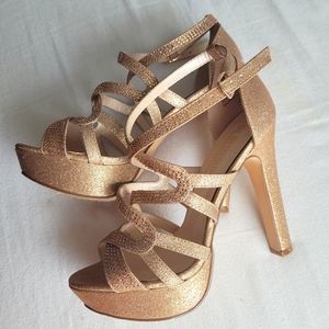 Gold Open Toe High Stiletto Criss-cross Ankle Straps Jewel Embellished